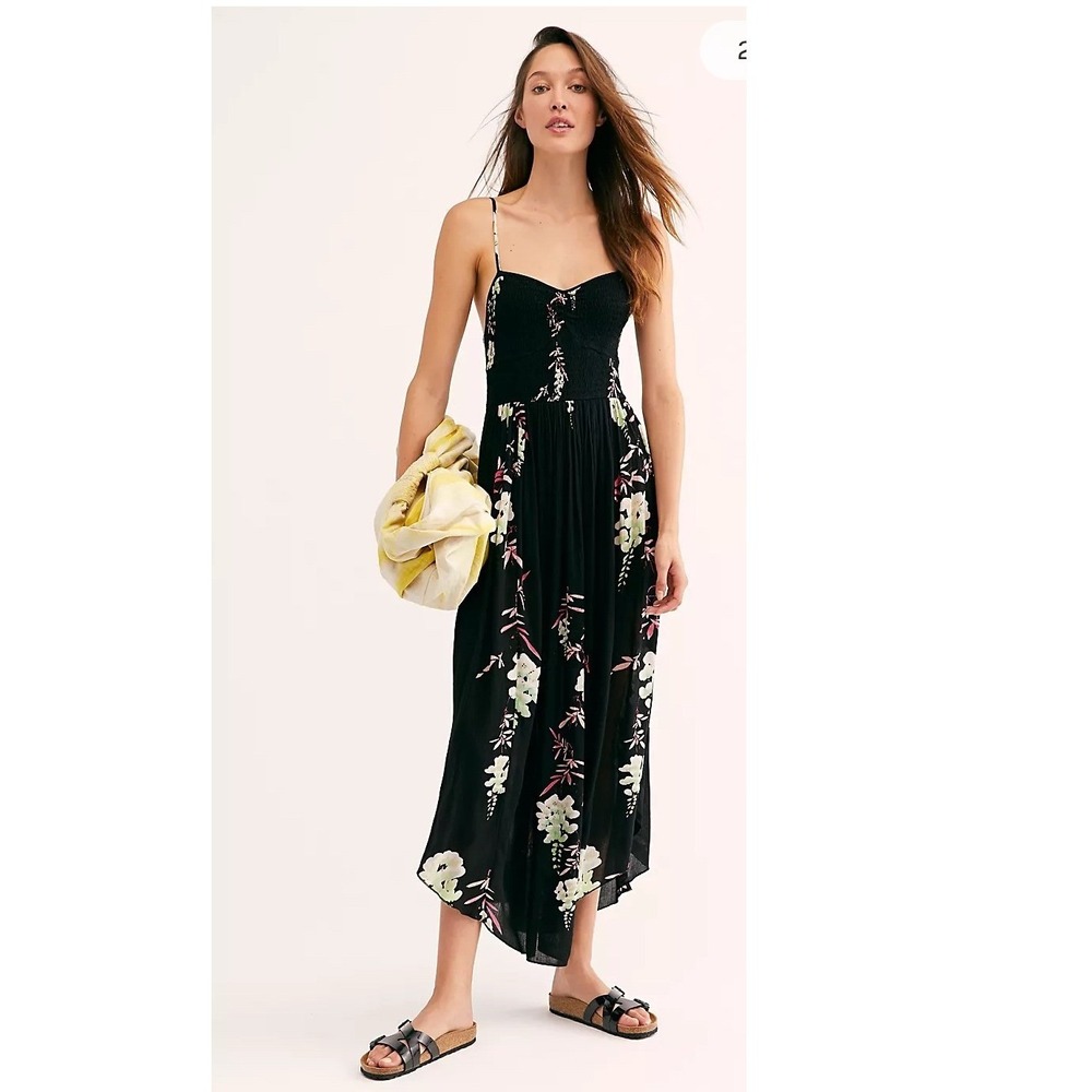 Free People Beau Black Floral Smocked Maxi Dress Boho Cottagecore Casual Summer